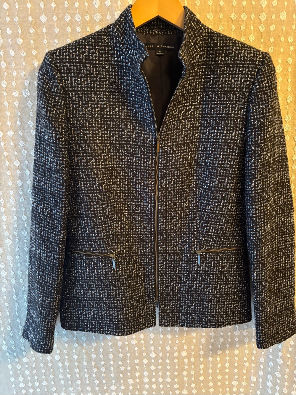 Dark Brown and Blue Tweed Zip-Front Blazer